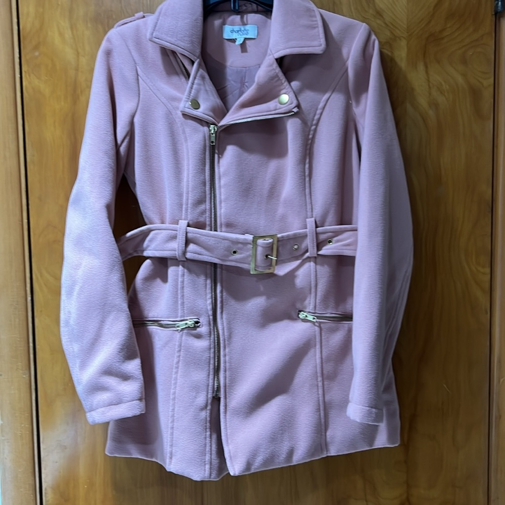 Women’s Charlotte Russe size S rose pink zip up belted pea coat.
